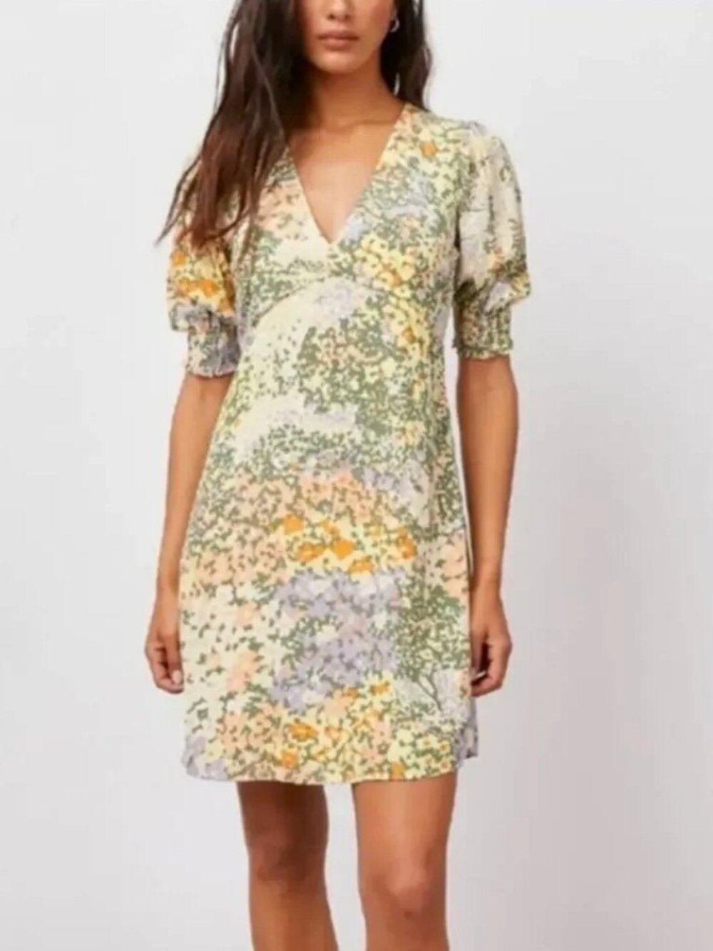 Rails NWT Roma Gardenia Dress Short Smocked Puff Sleeve A-line V-Neck Lined L